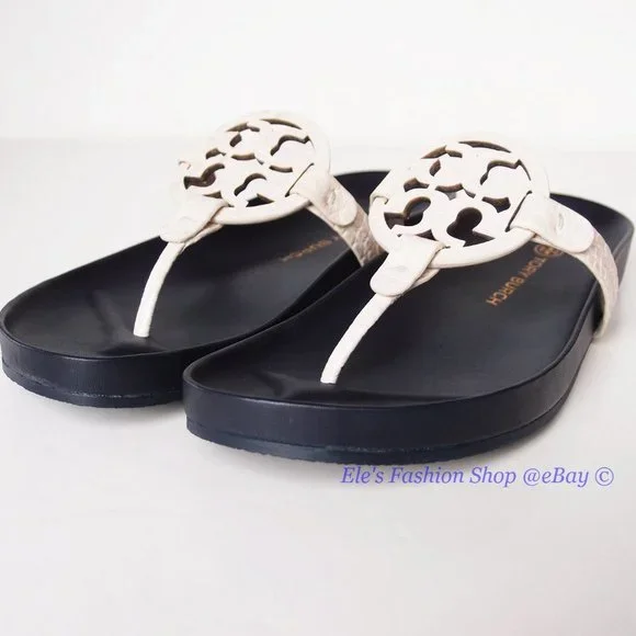 NIB Tory Burch Miller Cloud Leather Thong Sandal Cream Navy US 9 100% AUTHENTIC